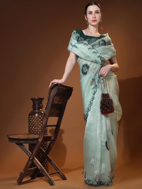 Light Green Digital Printed Organza Saree With Satin Green Blouse Piece