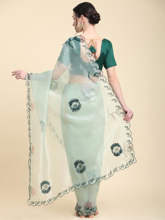Light Green Digital Printed Organza Saree With Satin Green Blouse Piece