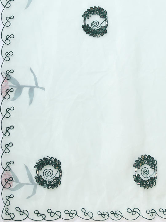 Light Green Digital Printed Organza Saree With Satin Green Blouse Piece