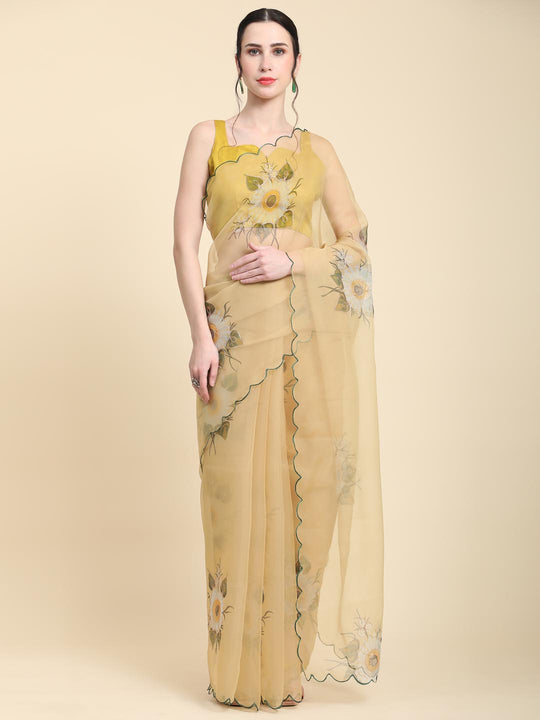 Yellow Digital Printed Organza Saree With Satin Yellow Blouse Piece