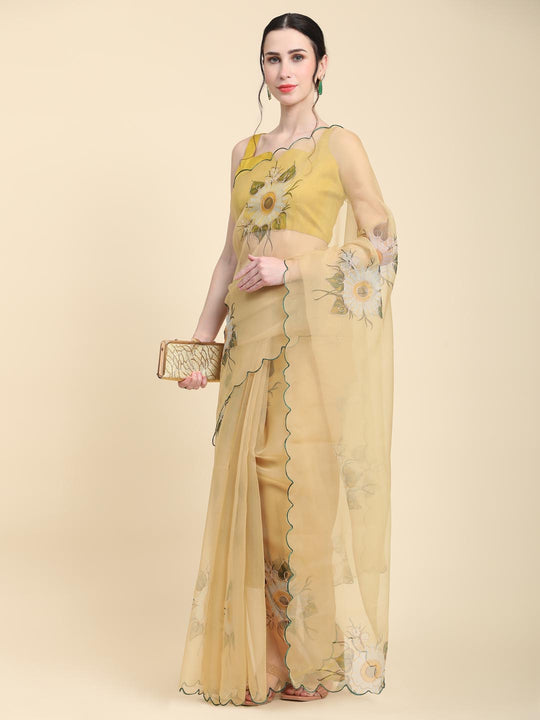 Yellow Digital Printed Organza Saree With Satin Yellow Blouse Piece