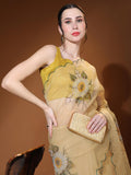 Yellow Digital Printed Organza Saree With Satin Yellow Blouse Piece