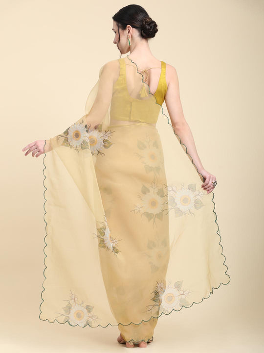 Yellow Digital Printed Organza Saree With Satin Yellow Blouse Piece
