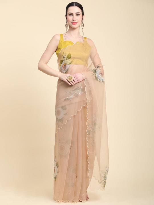 Peach Digital Printed Organza Saree With Satin Yellow Blouse Piece