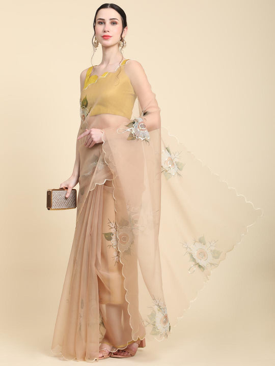 Peach Digital Printed Organza Saree With Satin Yellow Blouse Piece