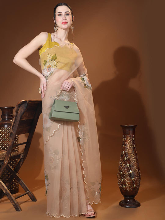 Peach Digital Printed Organza Saree With Satin Yellow Blouse Piece