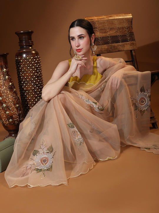 Peach Digital Printed Organza Saree With Satin Yellow Blouse Piece
