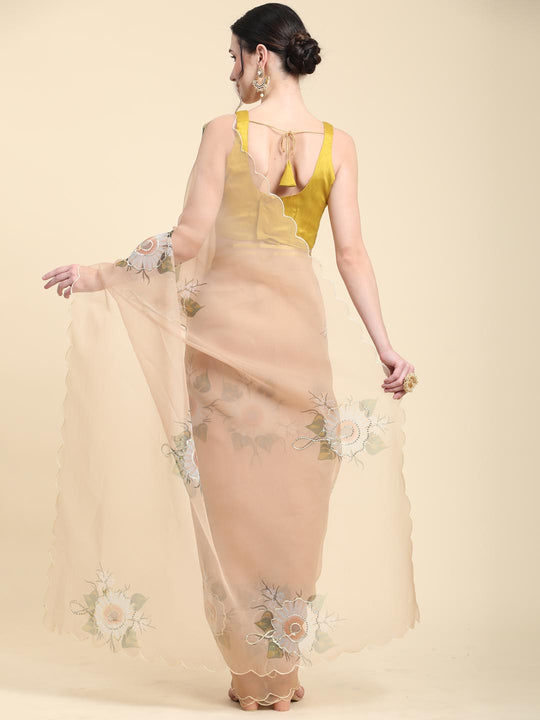 Peach Digital Printed Organza Saree With Satin Yellow Blouse Piece