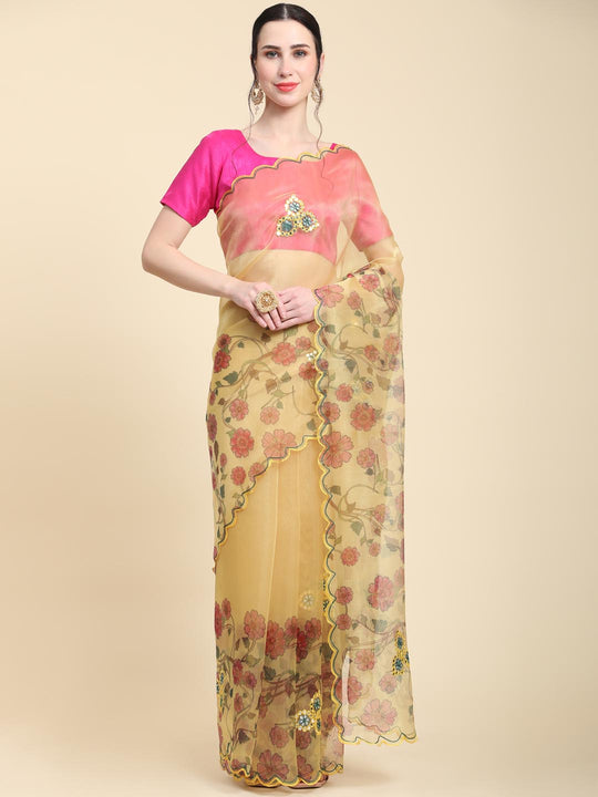 Yellow Digital Printed Organza Saree With Satin PInk Blouse Piece