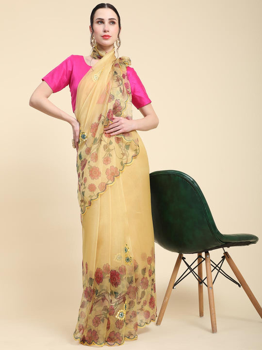 Yellow Digital Printed Organza Saree With Satin PInk Blouse Piece