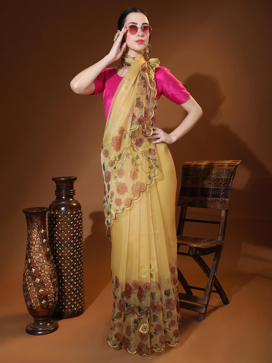 Yellow Digital Printed Organza Saree With Satin PInk Blouse Piece