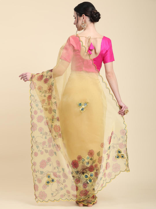 Yellow Digital Printed Organza Saree With Satin PInk Blouse Piece