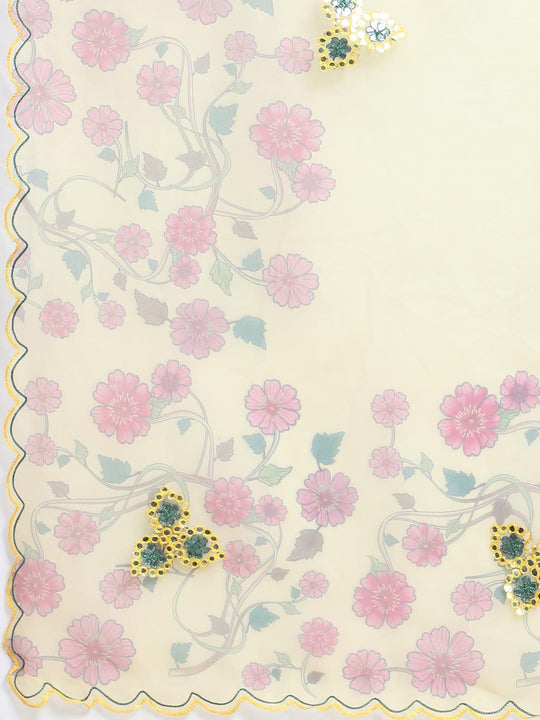 Yellow Digital Printed Organza Saree With Satin PInk Blouse Piece