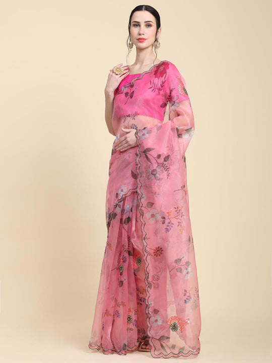 Pink Digital Printed Organza Saree With Satin Pink Blouse Piece
