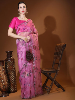 Pink Digital Printed Organza Saree With Satin Pink Blouse Piece