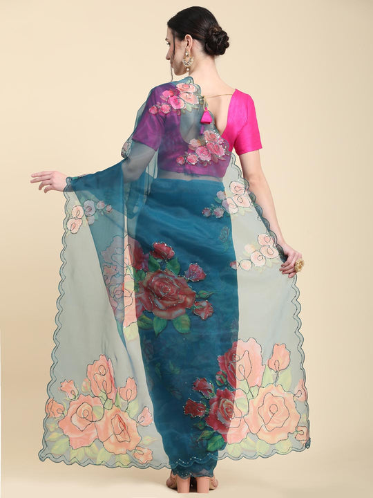 Teal Blue Digital Printed Organza Saree With Satin Pink Blouse Piece