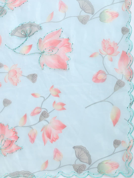 Sky Blue Digital Printed Organza Saree With Satin Maroon Blouse Piece