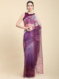 Burgundy Digital Printed Organza Saree With Satin Burgundy Blouse Piece