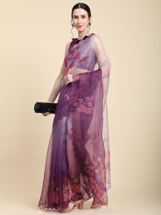 Burgundy Digital Printed Organza Saree With Satin Burgundy Blouse Piece