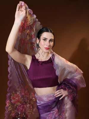 Burgundy Digital Printed Organza Saree With Satin Burgundy Blouse Piece