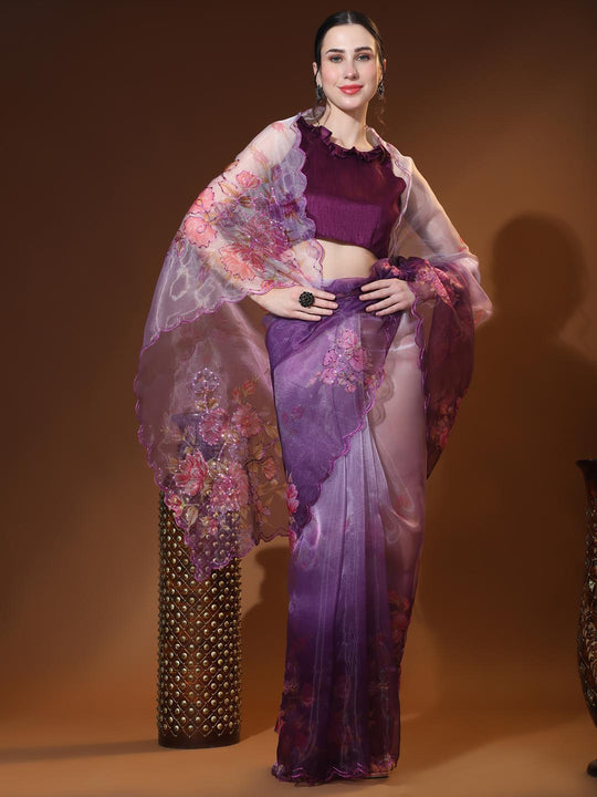 Burgundy Digital Printed Organza Saree With Satin Burgundy Blouse Piece
