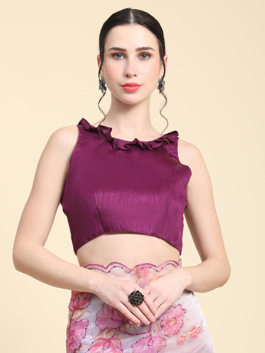 Burgundy Digital Printed Organza Saree With Satin Burgundy Blouse Piece