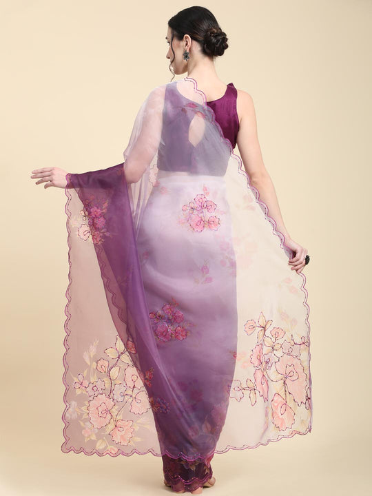 Burgundy Digital Printed Organza Saree With Satin Burgundy Blouse Piece