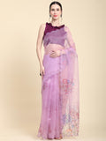 Lavender Digital Printed Organza Saree With Satin Burgundy Blouse Piece