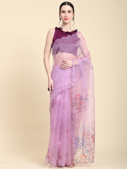 Lavender Digital Printed Organza Saree With Satin Burgundy Blouse Piece