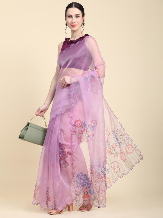 Lavender Digital Printed Organza Saree With Satin Burgundy Blouse Piece