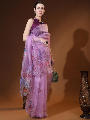Lavender Digital Printed Organza Saree With Satin Burgundy Blouse Piece