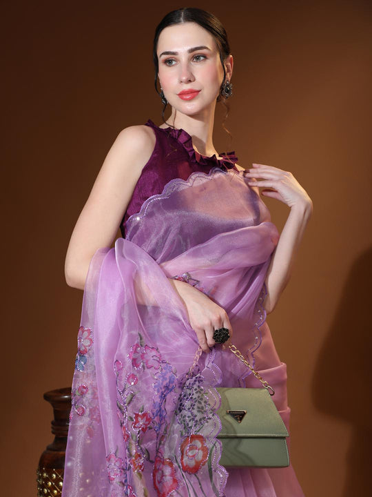 Lavender Digital Printed Organza Saree With Satin Burgundy Blouse Piece