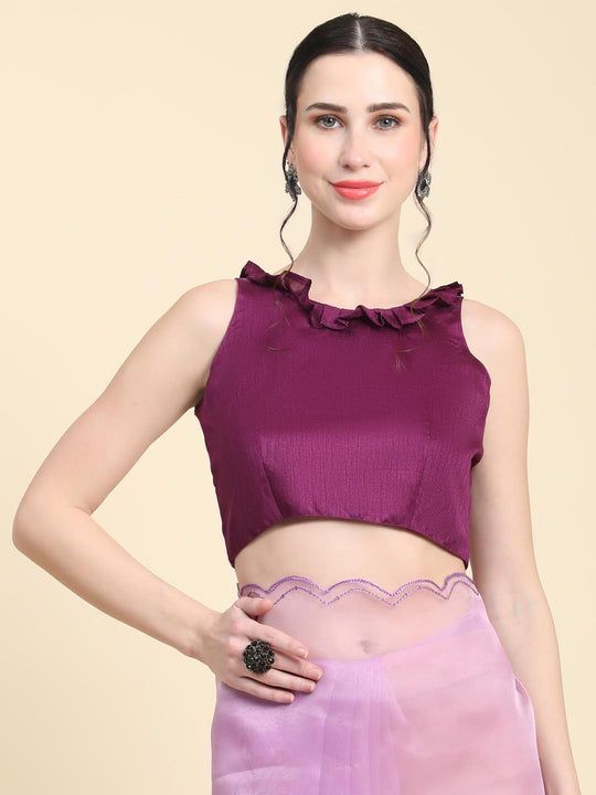 Lavender Digital Printed Organza Saree With Satin Burgundy Blouse Piece