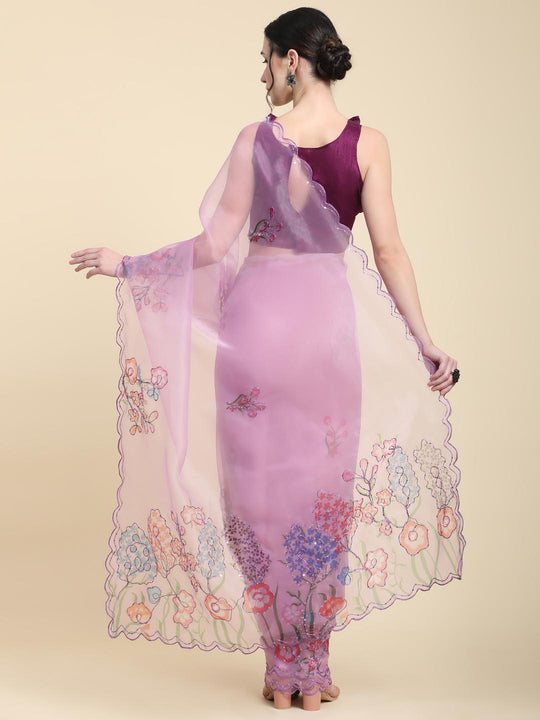 Lavender Digital Printed Organza Saree With Satin Burgundy Blouse Piece
