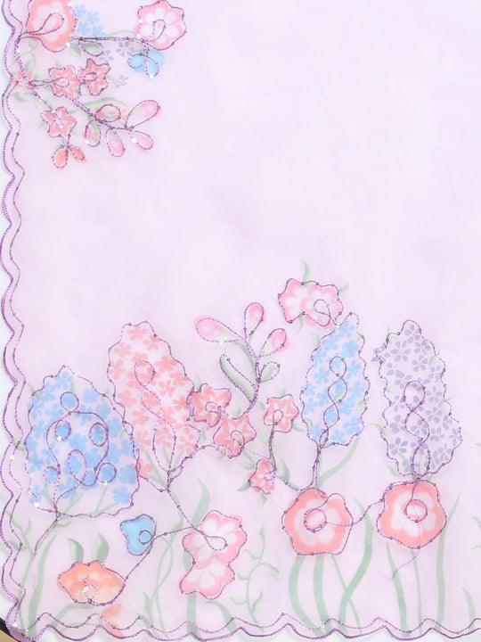 Lavender Digital Printed Organza Saree With Satin Burgundy Blouse Piece