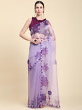 Purple Digital Printed Organza Saree With Satin Burgundy Blouse Piece