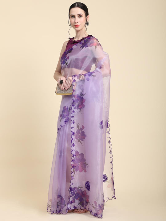 Purple Digital Printed Organza Saree With Satin Burgundy Blouse Piece