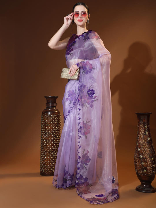 Purple Digital Printed Organza Saree With Satin Burgundy Blouse Piece