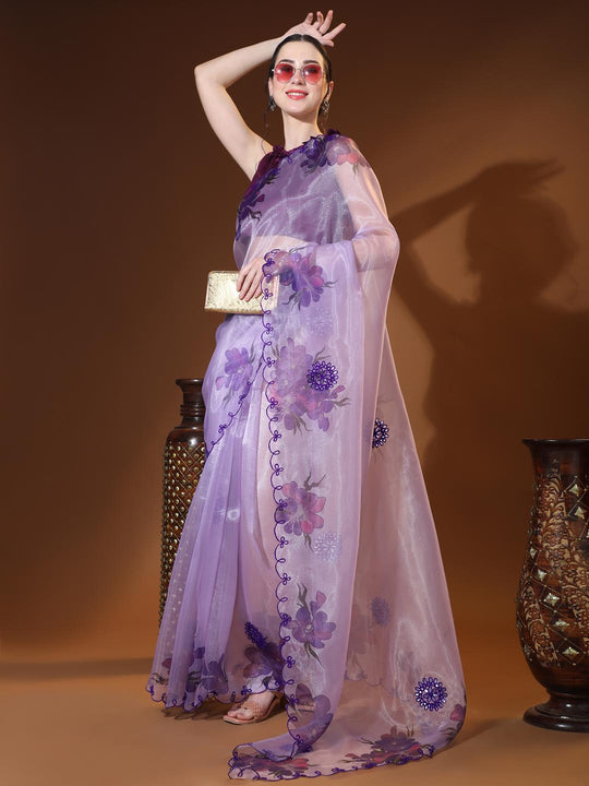 Purple Digital Printed Organza Saree With Satin Burgundy Blouse Piece
