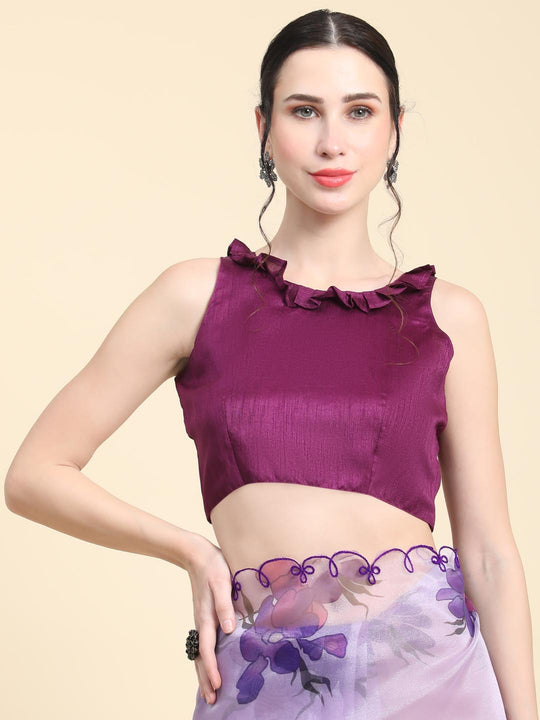 Purple Digital Printed Organza Saree With Satin Burgundy Blouse Piece