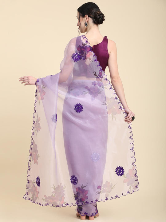 Purple Digital Printed Organza Saree With Satin Burgundy Blouse Piece