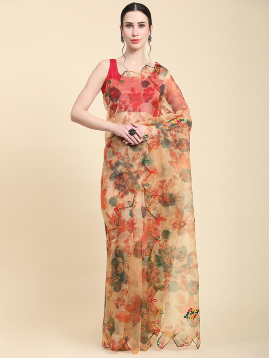 Orange Digital Printed Organza Saree With Satin Red Blouse Piece