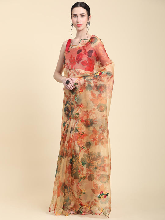 Orange Digital Printed Organza Saree With Satin Red Blouse Piece