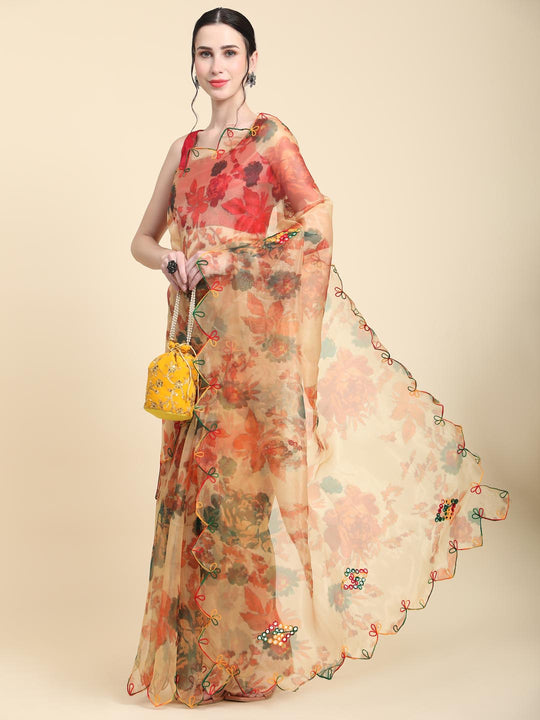 Orange Digital Printed Organza Saree With Satin Red Blouse Piece