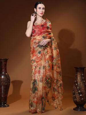 Orange Digital Printed Organza Saree With Satin Red Blouse Piece