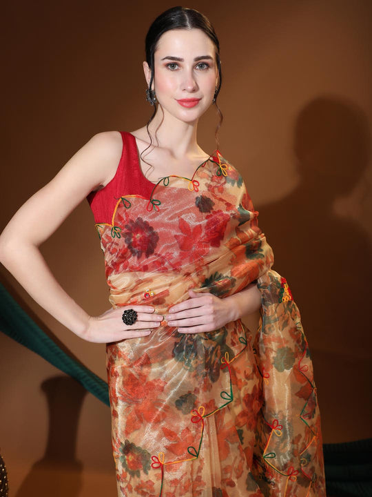 Orange Digital Printed Organza Saree With Satin Red Blouse Piece