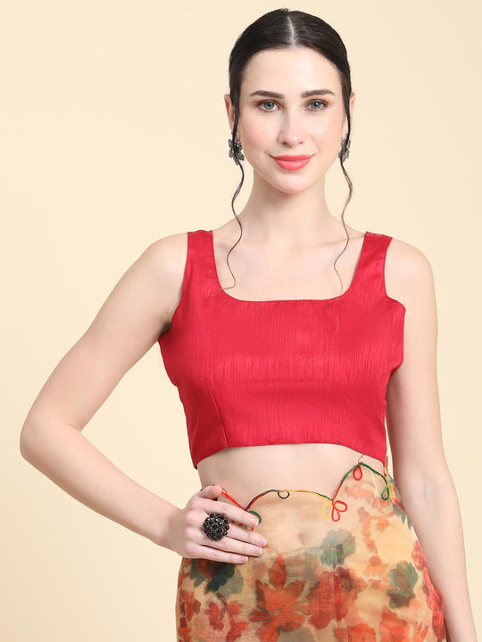 Orange Digital Printed Organza Saree With Satin Red Blouse Piece