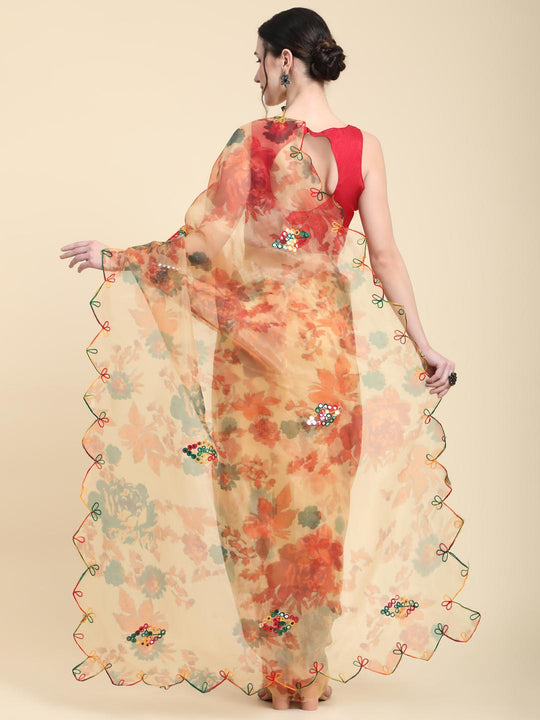 Orange Digital Printed Organza Saree With Satin Red Blouse Piece