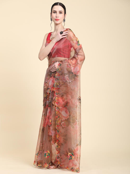 Brown Digital Printed Organza Saree With Satin Red Blouse Piece