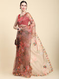 Brown Digital Printed Organza Saree With Satin Red Blouse Piece